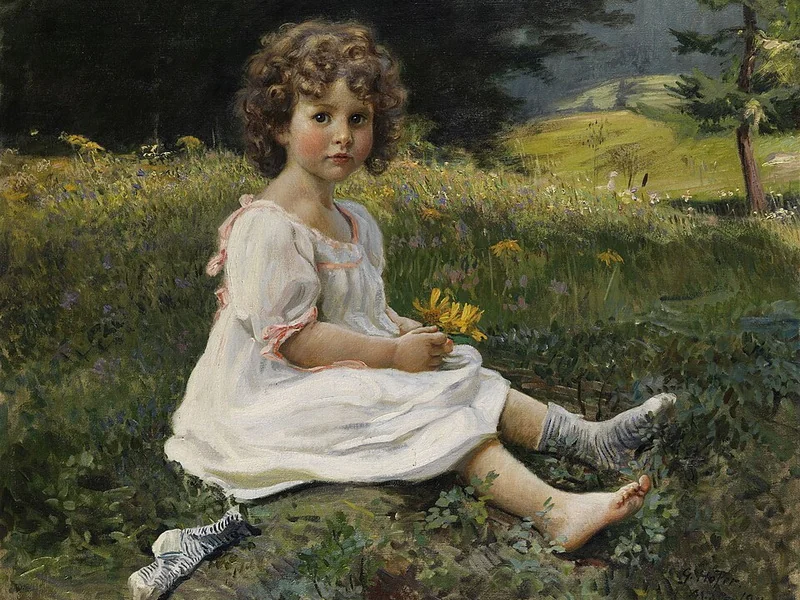 1858-Gottfried Hofer - Bambina in un prato fiorito, 1911